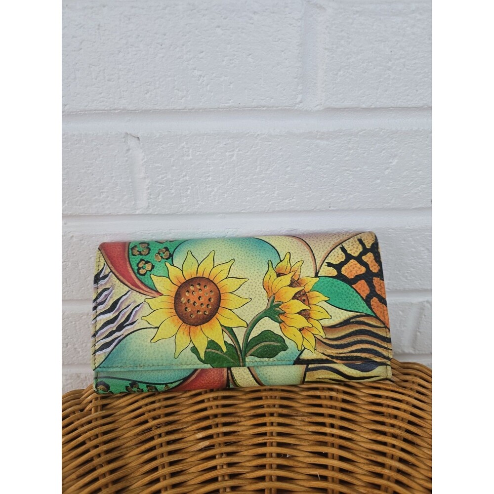 Anna By Anuschka Hand-Painted Leather Checkbook Sunflower Mixed Animal Print